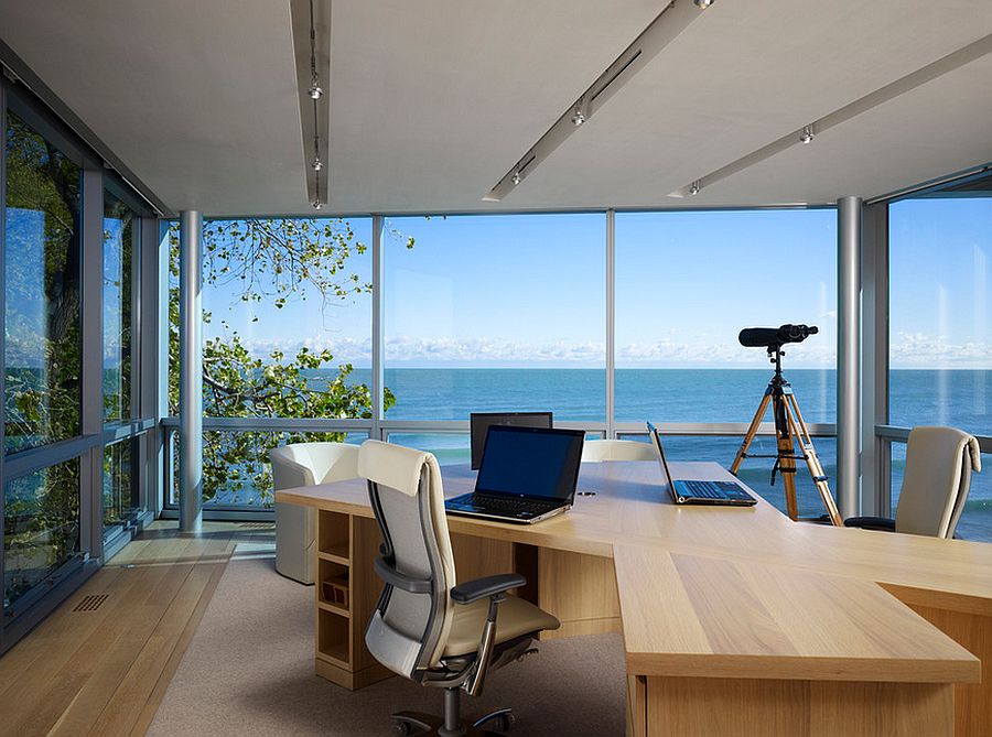 Modern home office keeps the focus on the view outside